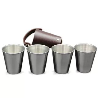 工厂直供 烈酒杯 4个白酒杯加便携杯套户外露营70ml不锈钢酒杯