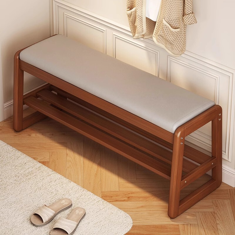 All Solid Wood Shoe Changing Bench for Home Entrance, Long Bench with Genuine Leather Soft Cushion for Sitting and Trying on Shoes, Shoe Rack