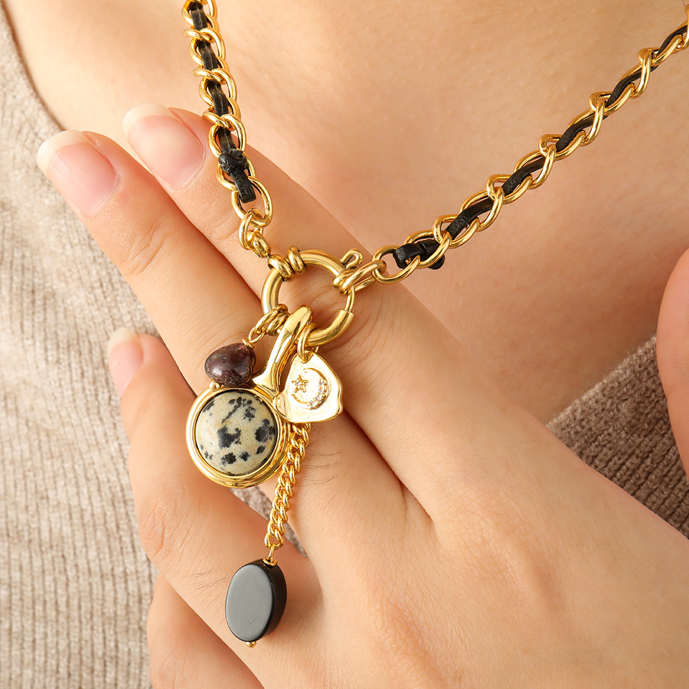 natural stone, Copper, Black Pointed Crystal Material Retro Geometric Natural Stone Copper Black Pointed Crystal Necklace In Bulk
