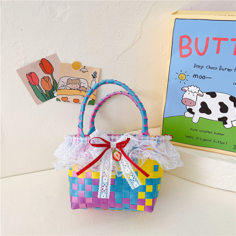 Al por mayor pastoral cesta de verduras niña los niños dibujos animados conejo fresco color tejido bolso la muchacha