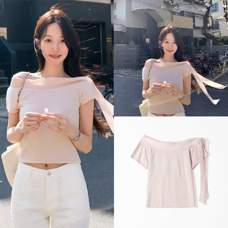 Fan Sun·Xh Korean-Style Gentle Off-Shoulder T-Shirt with Ribbon Short Sleeves, Dongdaemun Summer New Women's Top Fan Sun·Xh Korean-Style Gentle Off-Shoulder T-Shirt with Ribbon Short Sleeves, Dongdaemun Summer New Women's Top