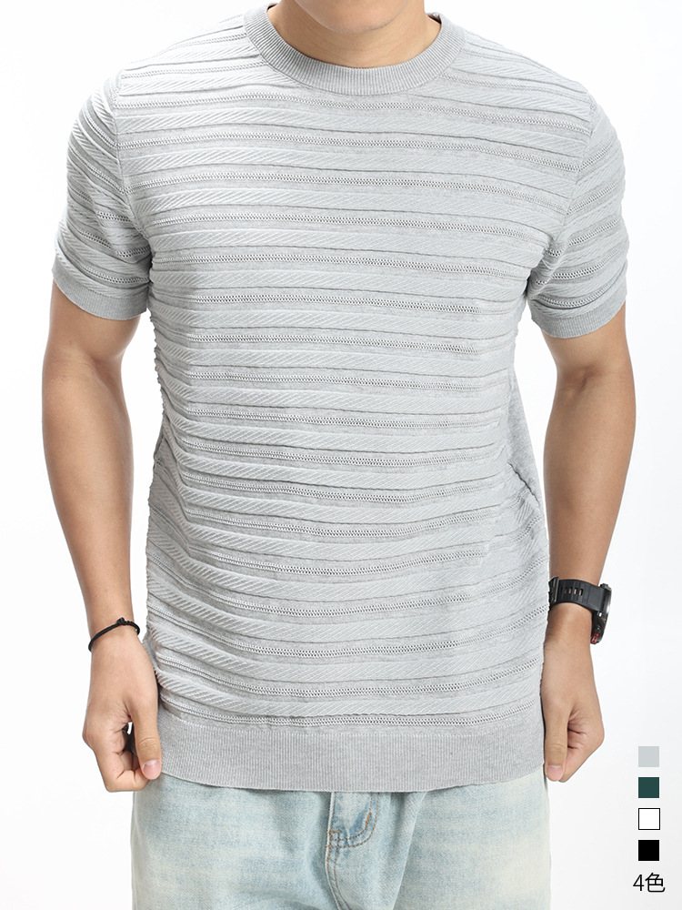 Hombres viejos dinero negocio agujero textura camiseta de punto de seda de hielo para hombre 2026 verano de alta calidad cuello redondo mangas cortas ropa de hombre