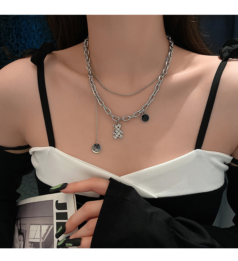 Double Layered Necklace Titanium Steel Teddy Bear Pendant Minimalist_voghion.com