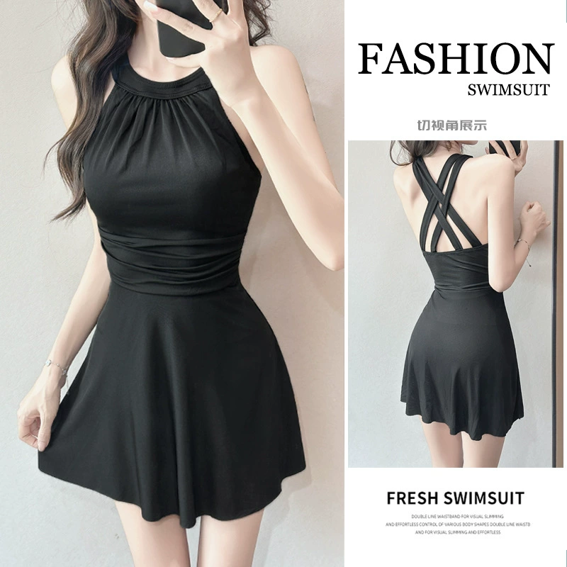 Купальник женский цельный однотонный 2025 новый сексуальный красивый купальник с открытой спиной в стиле платья консервативный для похудения горячий весенний отдых