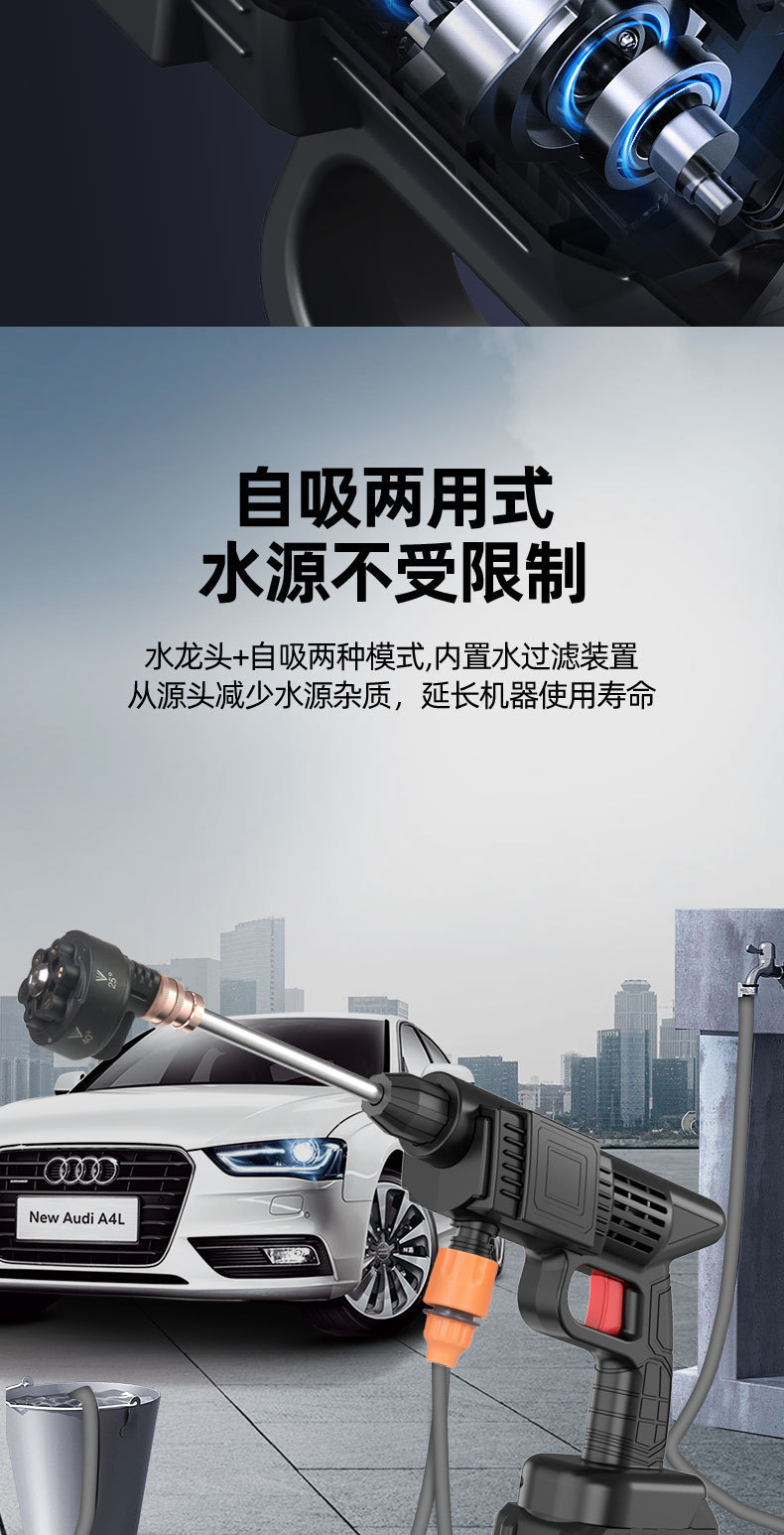 Home-use lithium battery high-pressure water gun wireless car wash machine set, rechargeable outdoor car washer