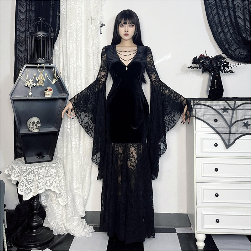 Xy24358 Halloween Autumn New Style Dark Style Batwing Sleeve Lace Patchwork Velvet Dress for Women