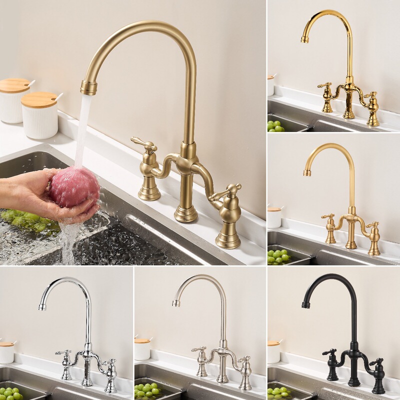 European-Style Three-Hole Kitchen Sink with Hot and Cold Water Faucet, Bridge-Style Open Ceramic Basin Sink, Brushed Gold Faucet