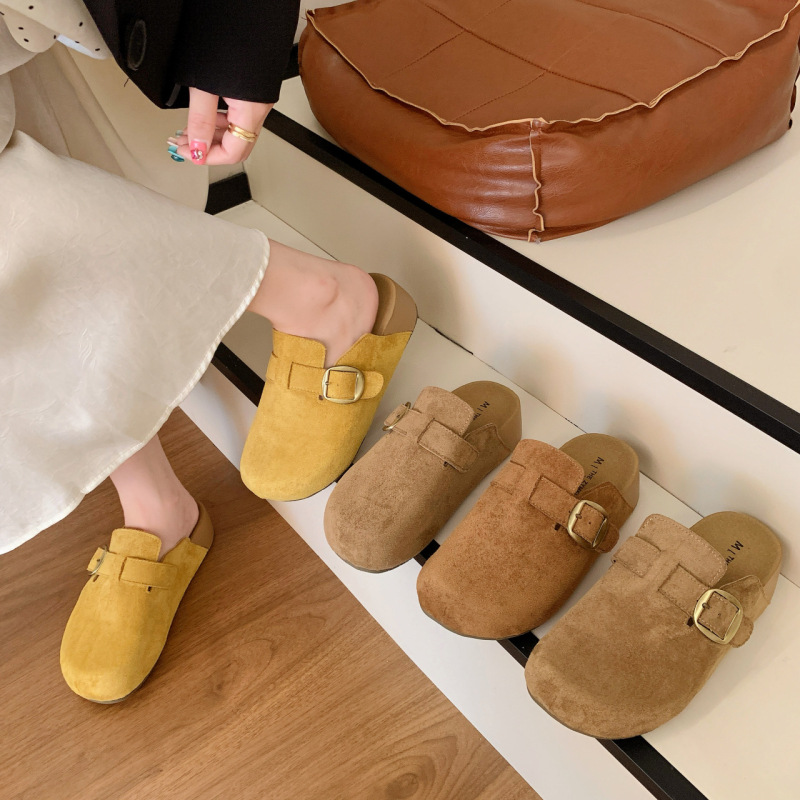 厚底增高勃肯拖鞋女2025秋新款真皮包头外穿半拖鞋高质感懒人鞋拖|undefined