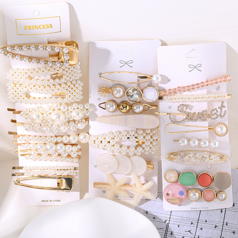 European and American Style Fashion Metal Rhinestone Crystal Hairpin Bangs Clip Side Clip Back Head Clip Set Hair Accessories Powder Women