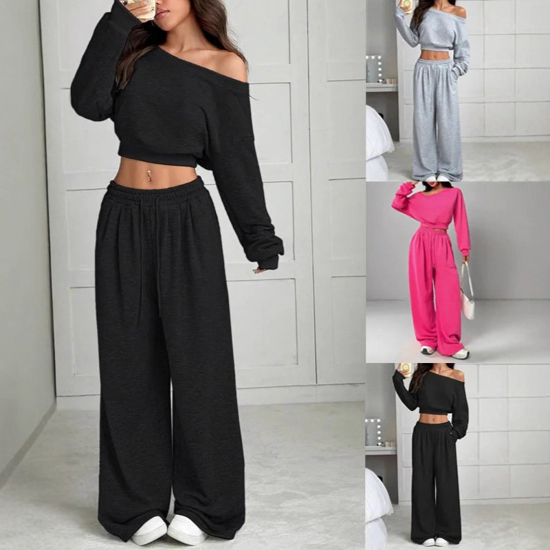Amazon Independent Station Women's Fashion Slim Fit Asymmetrical Shoulder Casual Set Women's Cropped Solid Color Casual Pants Set