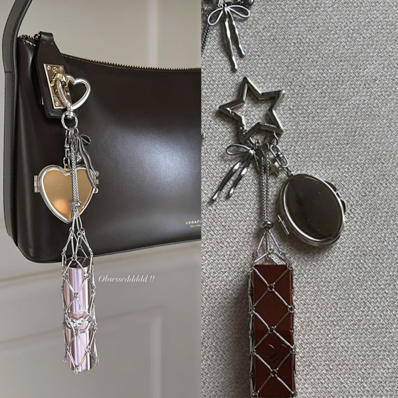Metal Lipstick Net Pouch Lipstick Holder DIY Bag Pendant Ins Hot Trend Silver Heart Star Chain Ornament