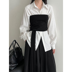 鹿西 韩系可拆卸两件套收腰条纹衬衫女25秋季新款设计感小衫K6579