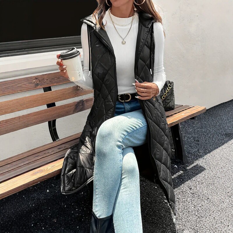 European and American Style Hooded Long Cotton Vest for Women, New Autumn and Winter Fashion, Loose Sleeveless Jacket, Solid Color Zipper Vest European and American Style Hooded Long Cotton Vest for Women, New Autumn and Winter Fashion, Loose Sleeveless Jacket, Solid Color Zipper Vest