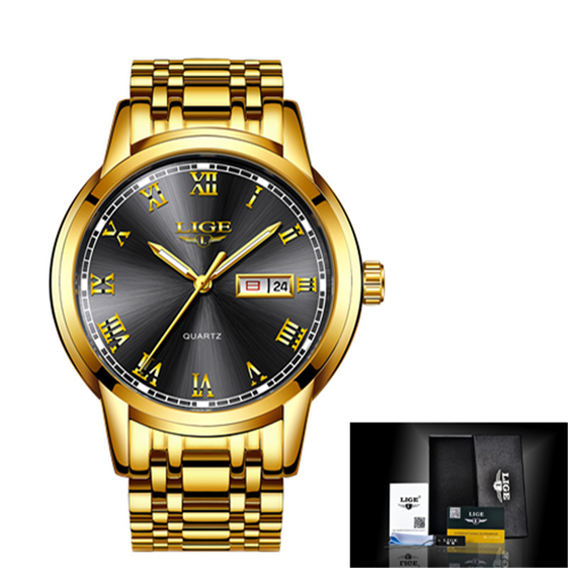 LIGE 9846-Semana banda de acero disco reloj de negocios elegante personalidad calendario hombres reloj casual transfronterizo