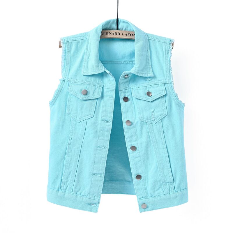 Multi-Color Options Denim Vest for Women, Plus Size, Orange, Khaki, Slim Fit, Frayed Edges, Sleeveless Top, Cross-Border Vest