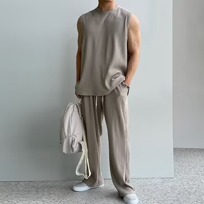 Traje deportivo de seda de hielo Chaleco de verano de los hombres camiseta sin mangas Pu Shuai Alto sentido de los hombres ropa deportiva coreana traje de dos piezas