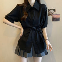 2025夏季法式中长款收腰雪纺短袖衬衫胖mm显瘦遮肚藏肉上衣半袖