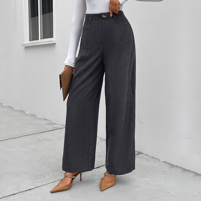 women's autumn and winter loose casual pants commuting high-waisted wide-leg pants corduroy casual button trousers_voghion.com
