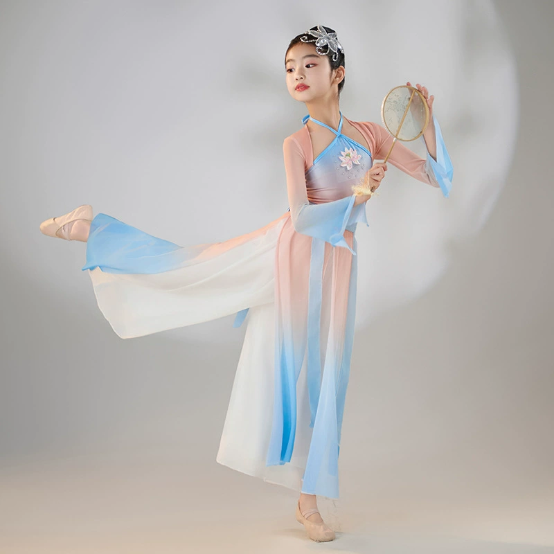 Детские костюмы для классических танцев, элегантные костюмы для занятий народными танцами в китайском стиле, танец вееров для девочек, представление в древнем стиле династии Хань.