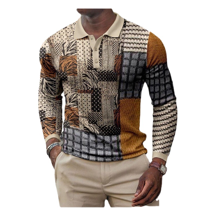 Comercio exterior transfronterizo primavera nuevos hombres Europa y América impresión 3D casual retro manga larga polo hombre Paul camisa