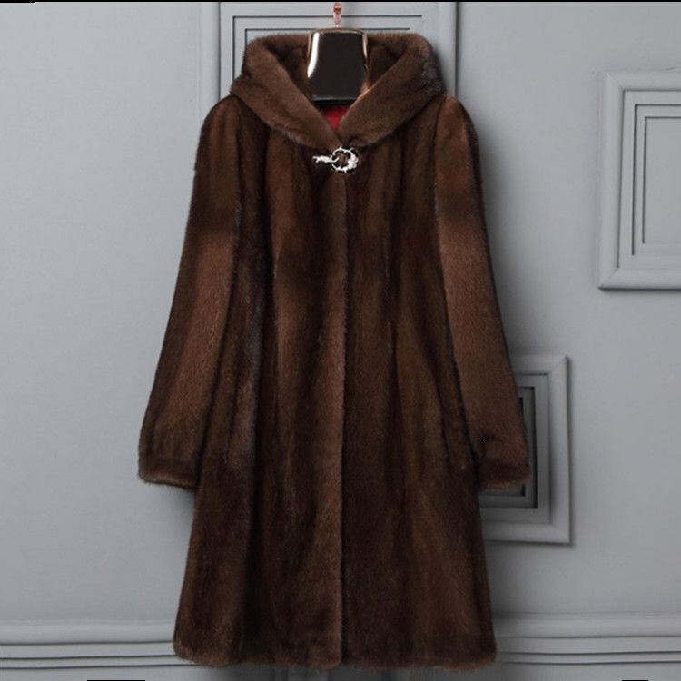 Winter Haining Mink Fur Coat for Women, Autumn and Winter Mid-Length Faux Fur Coat, Thickened Hooded Large Size Elegant Mother's Coat Winter Haining Mink Fur Coat for Women, Autumn and Winter Mid-Length Faux Fur Coat, Thickened Hooded Large Size Elegant Mother's Coat
