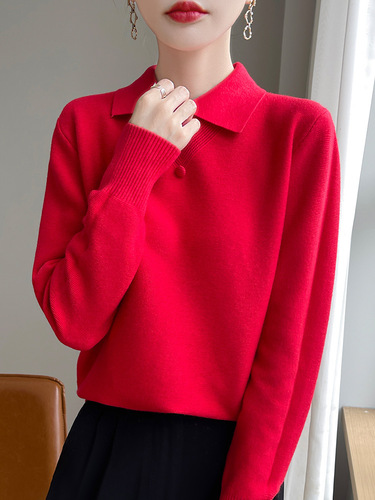 Women's Long-Sleeve Loose Knit Collar Shirt with Age-Defying Polo Collar, Button Accent, Early Autumn Base Layer Top