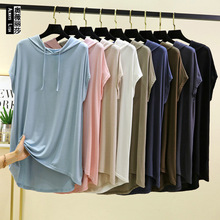 夏季莫代尔连帽短袖T恤女2025新款设计感打底衫宽松大码包臀上衣
