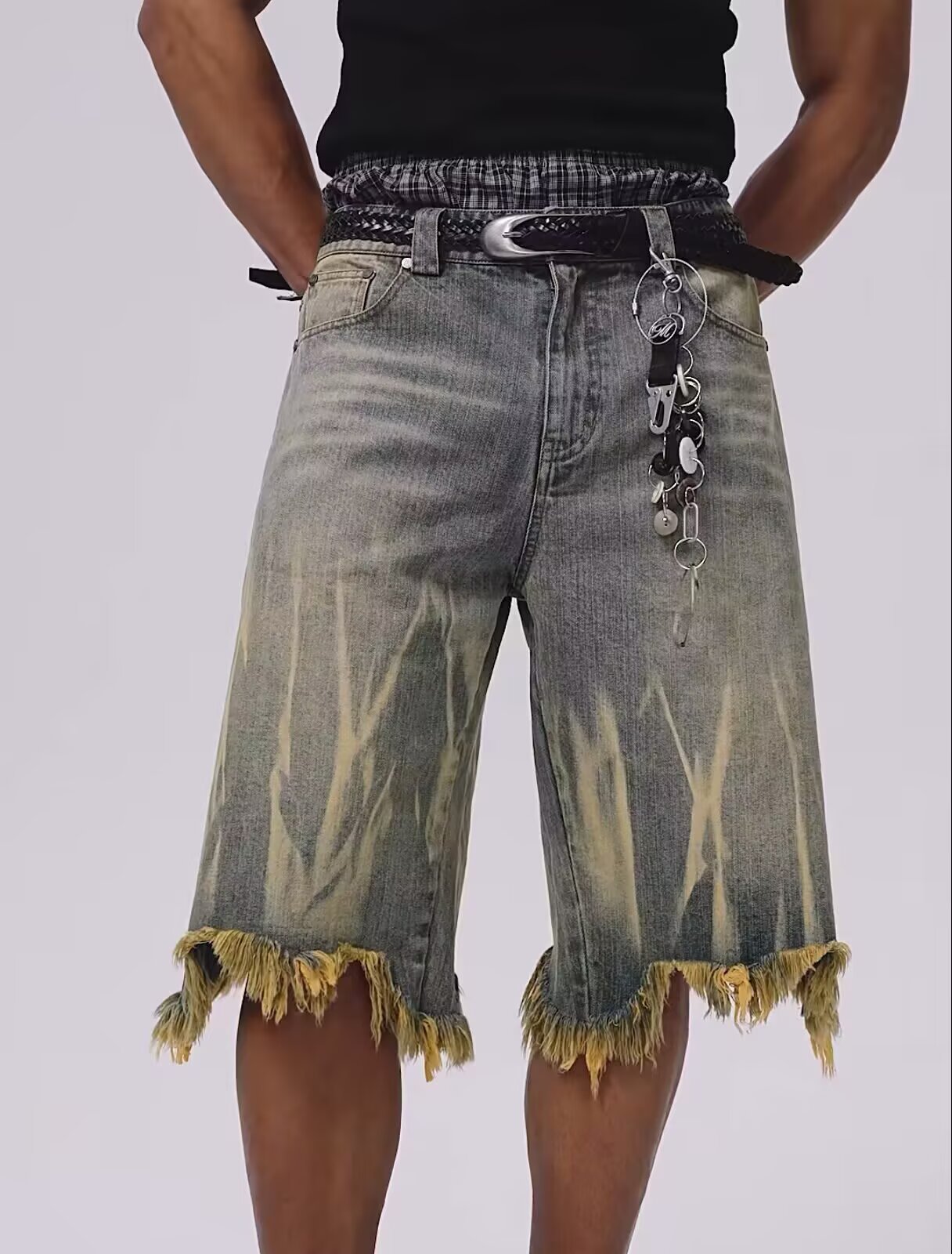 Men's And Women's Trendy Brand Dyed Yellow Mud Washed Distressed Denim Shorts Loose Five Point Style_mkmklike.com