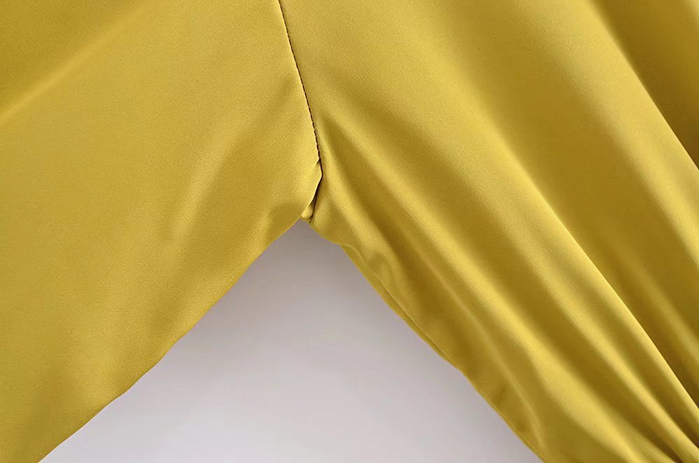 Yellow Lantern Sleeved Satin Elastic Shirt Dress NSXFL106614