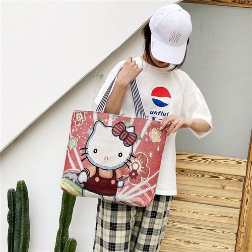 New style women's canvas hand-held shoulder bag cartoon woven rust simple large-capacity shopping bag short-distance travel large bag