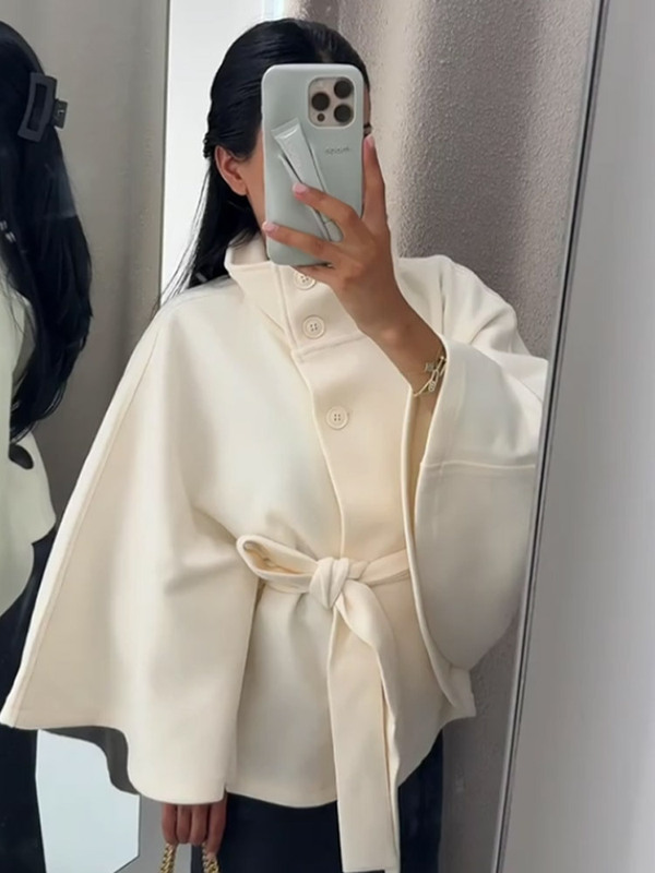 设计感立领收腰显瘦系带纯色呢子外套女2025跨境欧美风新款批发|undefined