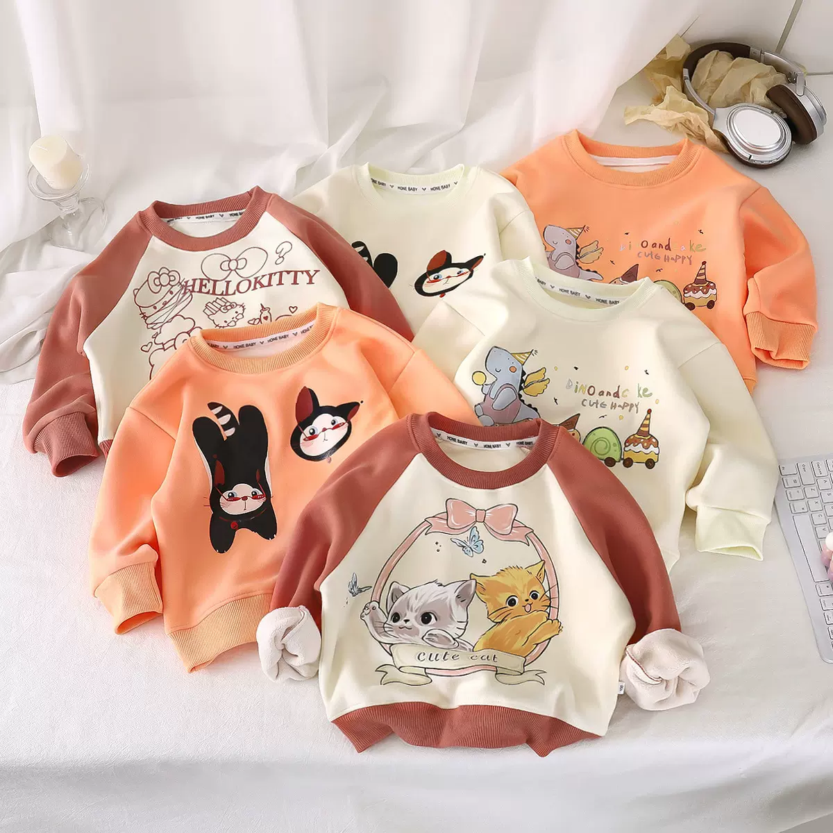 新款儿童卫衣女童休闲圆领拼接长袖 T恤韩版秋冬舒适百搭卡通打底