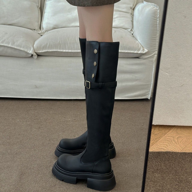 Knielang für Damen im Herbst-Winter, neuer Instagram-Zweiteiler, faltbar, Knight High 2024, kleine Stiefel mit dicken Sohlen_voghion.com