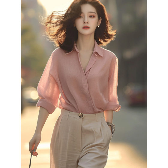 This year's popular beautiful temperament beautiful fashion short sleeve western style niche casual shoulder commuter clean color shirt early autumn