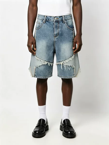 2025 Summer Creative Five-pointed Star Stitching Denim Mid-length Pants American-style High Street Loose Straight Men's and Women's Trendy Shorts