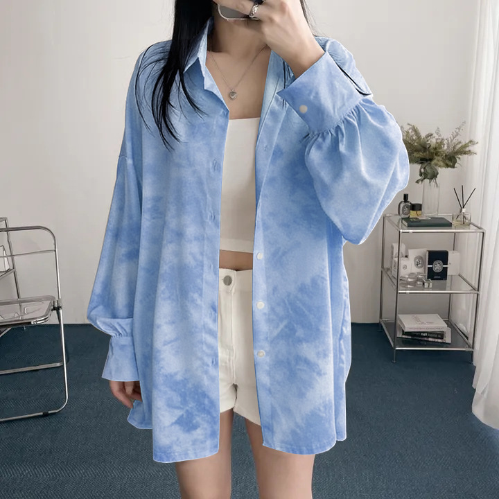 Blue Cross-Border Printed Spring and Autumn Wholesale Shirts for Women, European and American Korean Style Casual Loose Long-Sleeve Shirts with Sun Protection and Sleeves Blue Cross-Border Printed Spring and Autumn Wholesale Shirts for Women, European and American Korean Style Casual Loose Long-Sleeve Shirts with Sun Protection and Sleeves