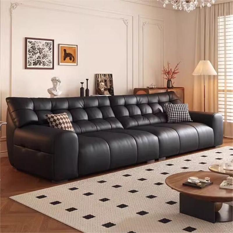 Retro capas de ostentación de piel de oso negro sofá de cuero real sala de estar línea recta de estilo medieval negro italiano sofá de cuero
