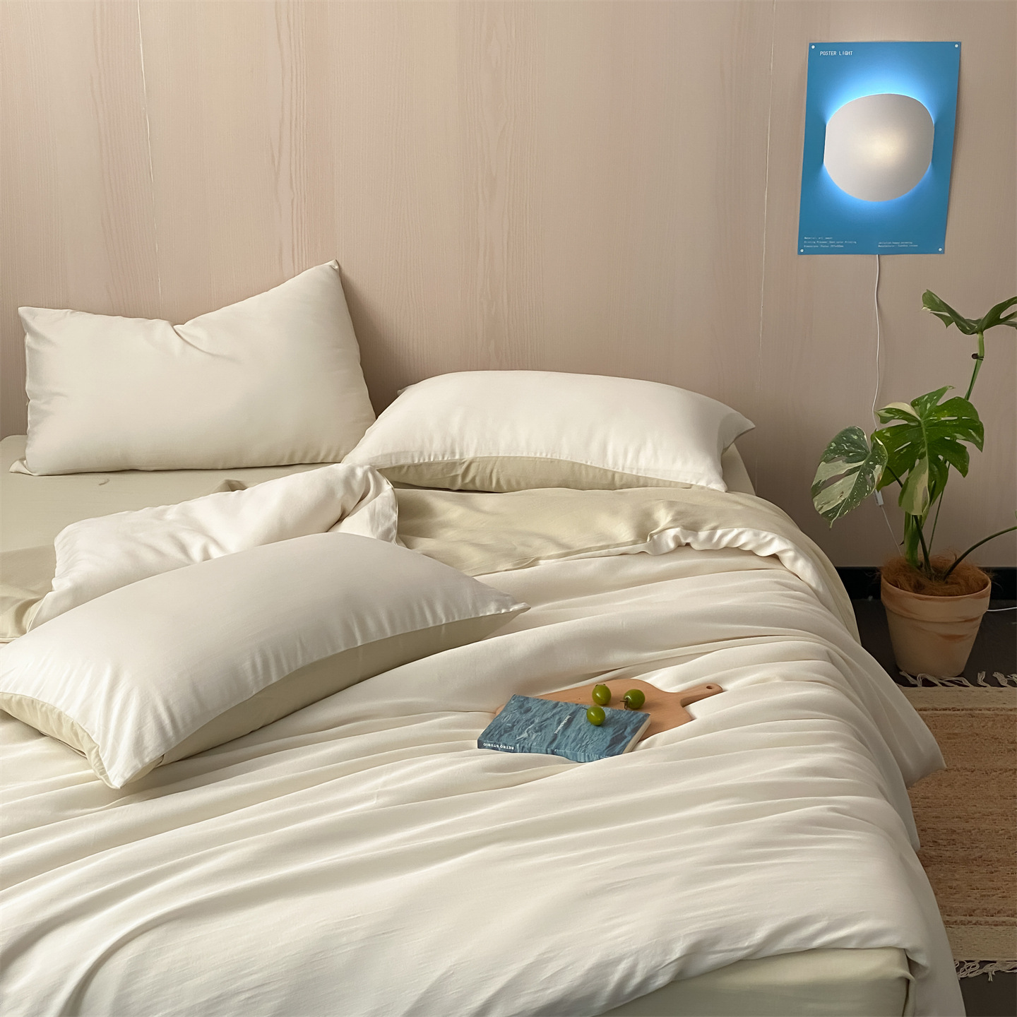 Conjunto de quatro peças Lenzing Washed, liso e simples, com 60 fios, capa de edredom em Tencel, lençol de baixo com elástico, conjunto de três peças para cama de solteiro._voghion.com