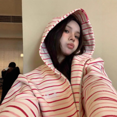 小众复古设计感条纹连帽拉链开衫卫衣女宽松长袖跨境秋冬穿搭帽衫