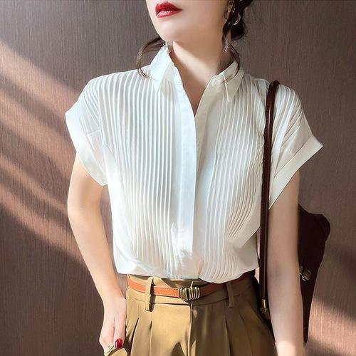 Short-sleeve white shirt for women: summer-style accordion-pleated, loose-fitting office wear with a chic, niche-design chiffon top featuring delicate flutter sleeves.