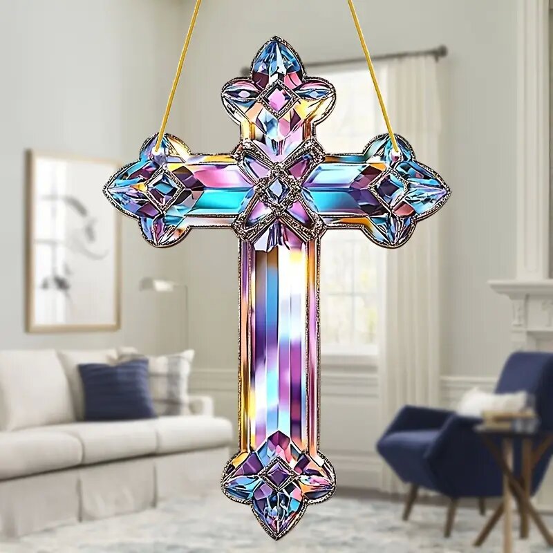 Colgante acrílico transfronterizo estilo de vidrio de colores sol atrapador cruz decoración de patio regalos religiosos festivales