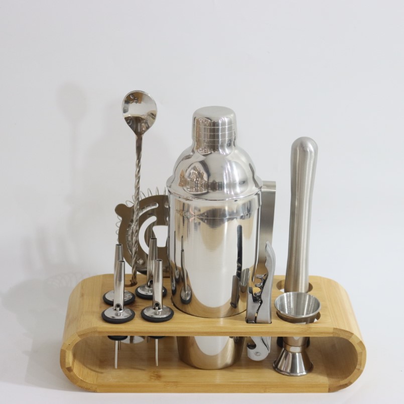 Cross-border sales stainless steel cocktail shaker set bar tools combination 12-piece set with wooden base cocktail glass cocktail