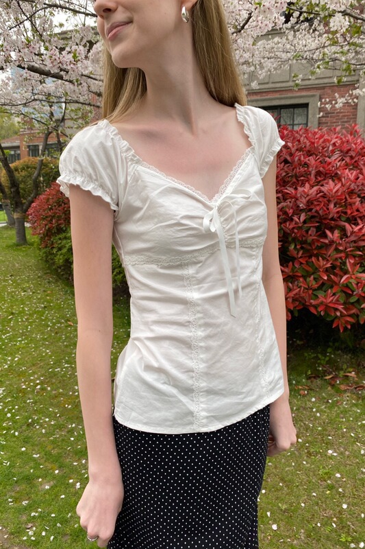 Bm Style New White V-Neck Puff Sleeve Shirt for Girls, Bm Ruffled Slim-Fit Short-Sleeve T-Shirt Top