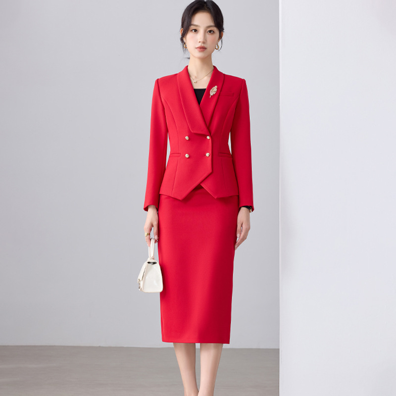 High-End Red Suit Skirt 2025 Autum New Fashion Commuter Host Dress Reception Work Clothes for Women