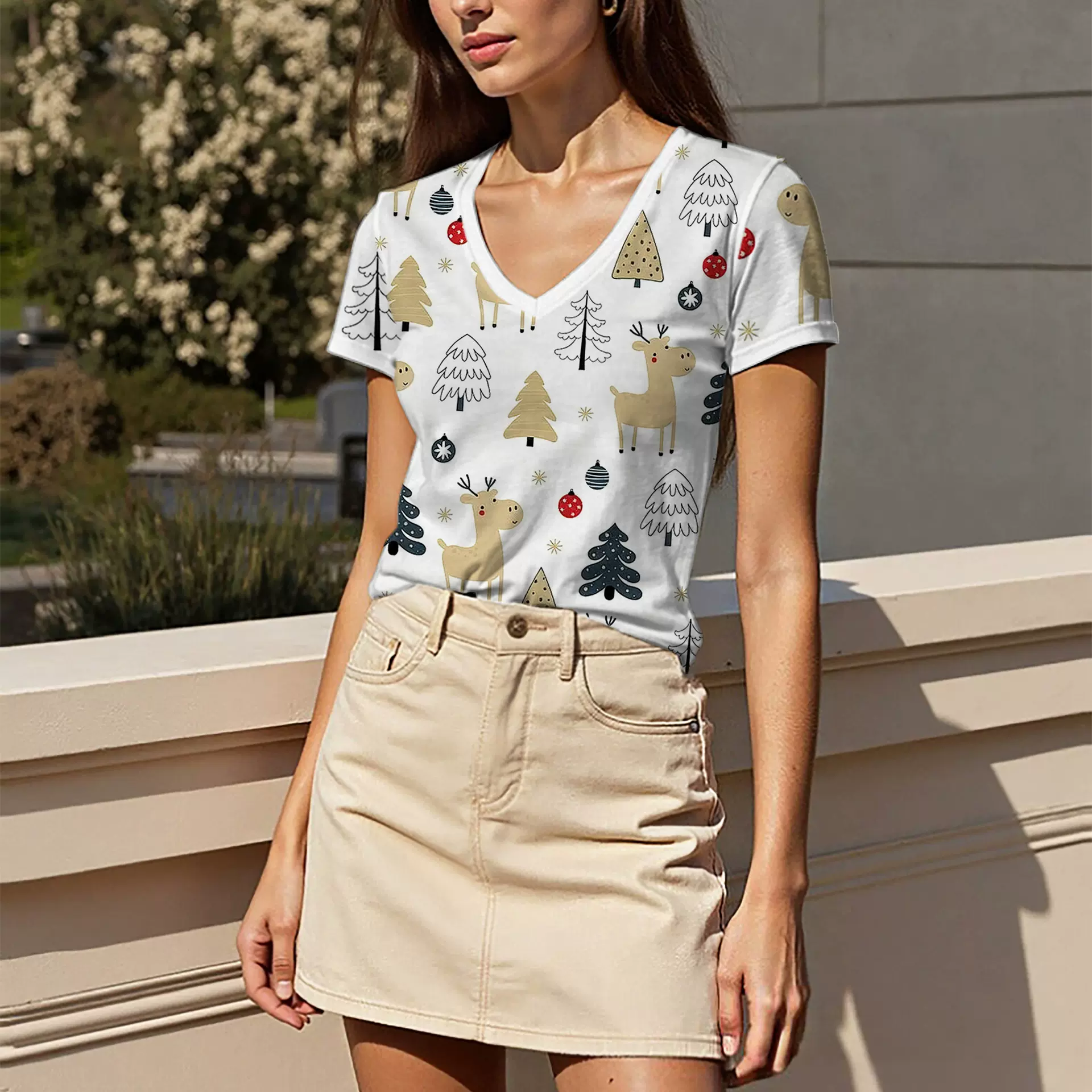 欧美夏季爆款短袖女士一件定制数码印花上衣时尚透气V字领T恤衫女