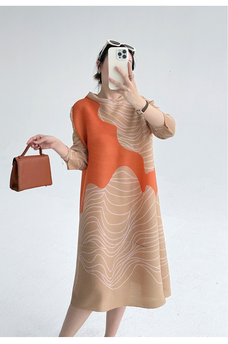 Váy liền maxi nữ in họa tiết kẻ sọc xếp ly tôn dáng — Màu tím chi tiết 21
