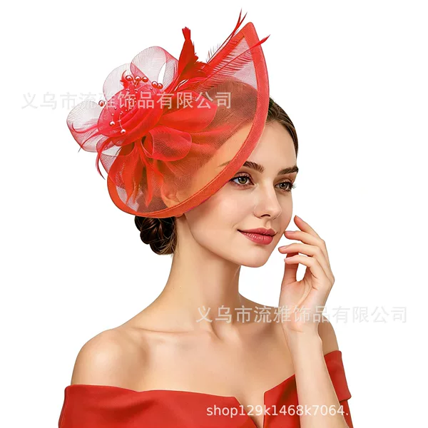 Cross-border bridal headpiece, mesh feather headpiece, faux pearl flower small hat, hair accessory, stage performance hat