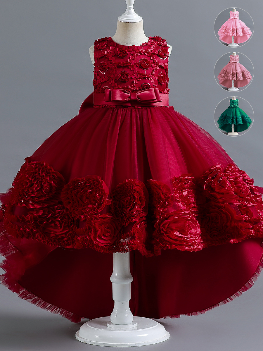 Girls' Dress Flower Girl's Puff Flower Wedding Dress Temperament Small Model Show Tail Dress Children's Piano Performance Dress