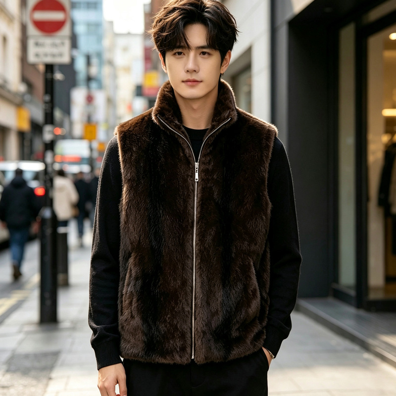New winter men's faux mink fur vest with bark pattern, warm fur stand-up collar jacket, trendy men's mink coat, direct sales from the manufacturer