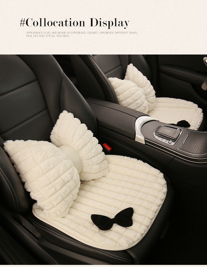 Wool pad: Qìchē Bow Car Seat - black-bow-white-cushion-1-piece-lumbar-support-1-piece